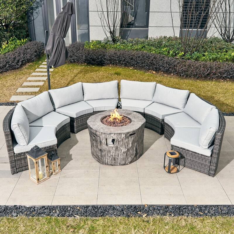 8-Seat Modular Outdoor PE Rattan Sofa Set with Multifunctional Terrafab Composite Fire Pit Table