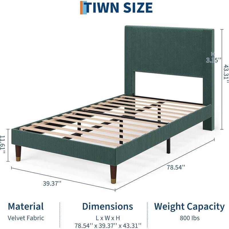 Soft Corduroy Fabric Platform Bed Frame with Upholstered Headboard, Dark Green