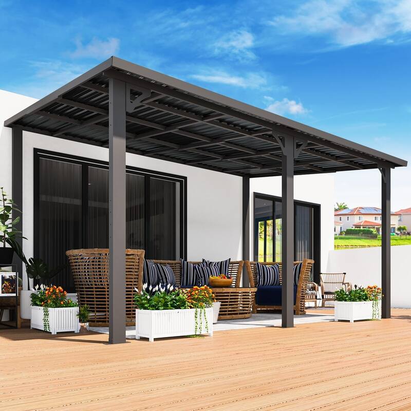 AECOJOY Hardtop Gazebo Outdoor Metal Lean to Pergola Galvanized Steel Roof