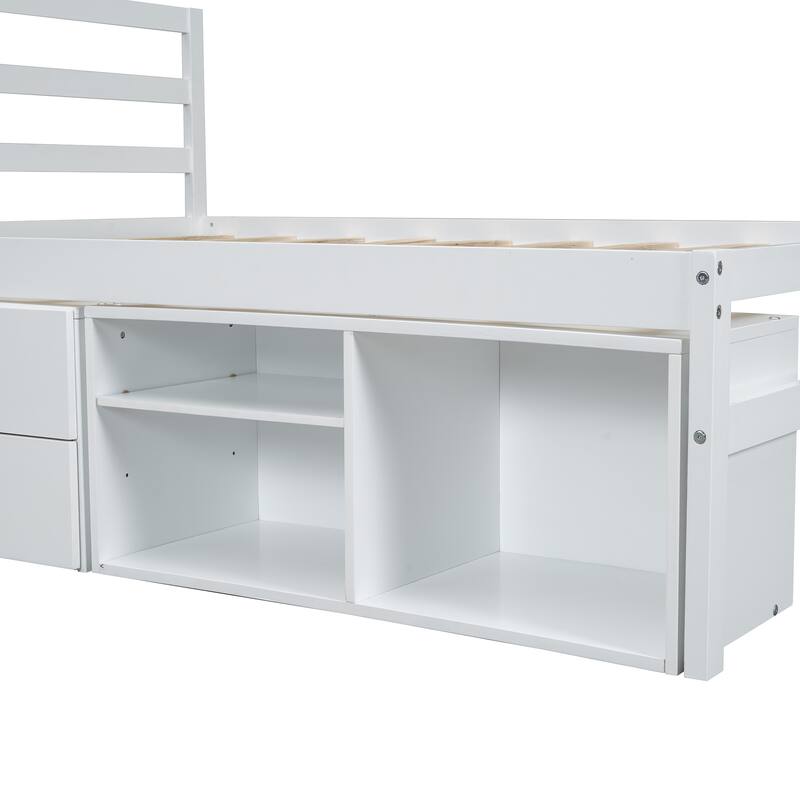 Full Size Wood Platform Bed with Removable Storage Shelves and Built-in Two Storage Drawers