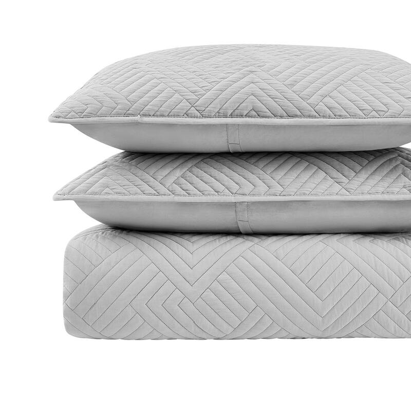 Garment Wash Grid Stitched Ultra Soft Microfiber 3-Piece Quilt Set