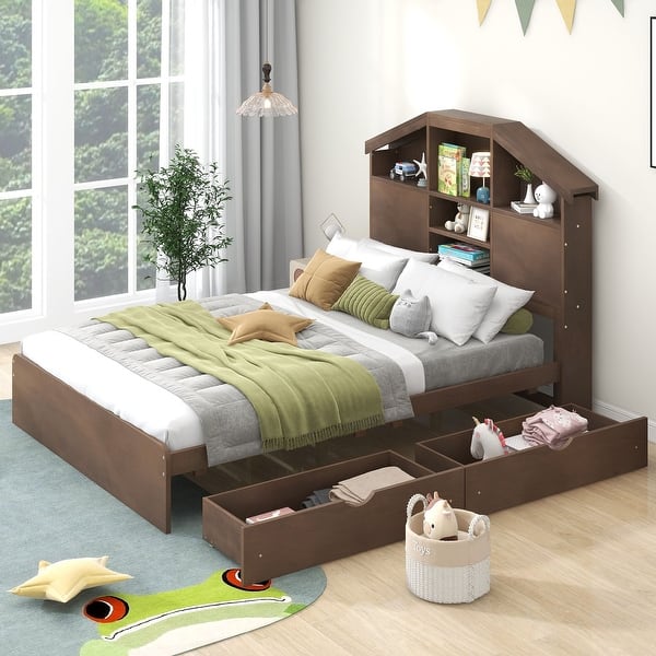slide 2 of 14, Walnut Full Size Wood Platform Bed with House-shaped Storage Headboard and 2 Drawers for Bedroom Full - Walnut