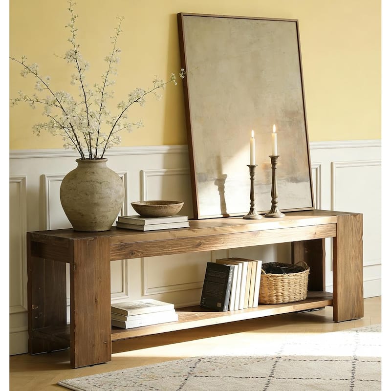 Solid Wood TV Stand, 2-Tier Wooden TV Console Media Stand, Entertainment Center with Open Storage Shelf for Living Room, Bedroom