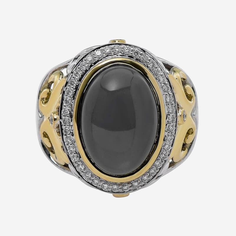 Charles Krypell Sterling Silver and 18K Yellow Gold, Grey Moonstone and White Diamond Statement Ring Sz. 6.75