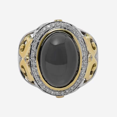 Charles Krypell Sterling Silver and 18K Yellow Gold, Grey Moonstone and White Diamond Statement Ring Sz. 6.75