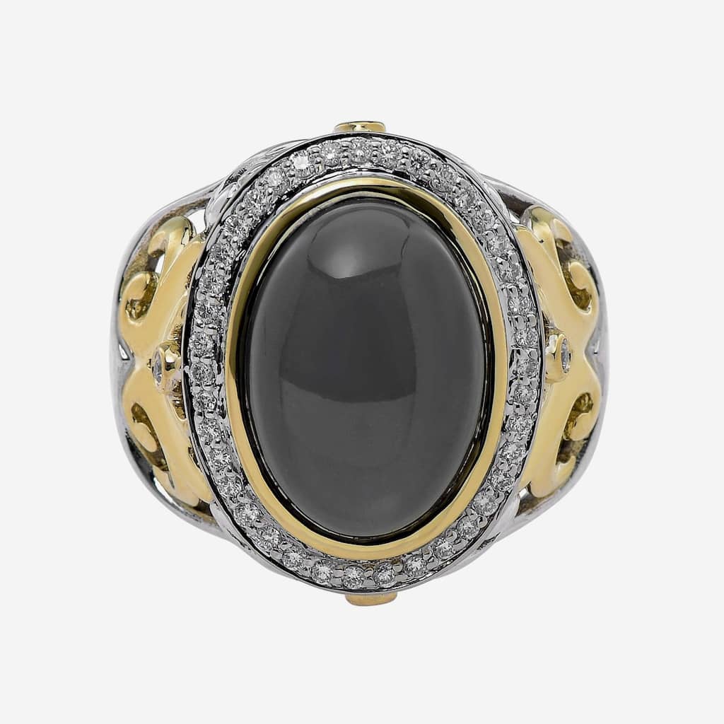 Charles Krypell Sterling Silver and 18K Yellow Gold, Grey Moonstone and White Diamond Statement Ring Sz. 6.75