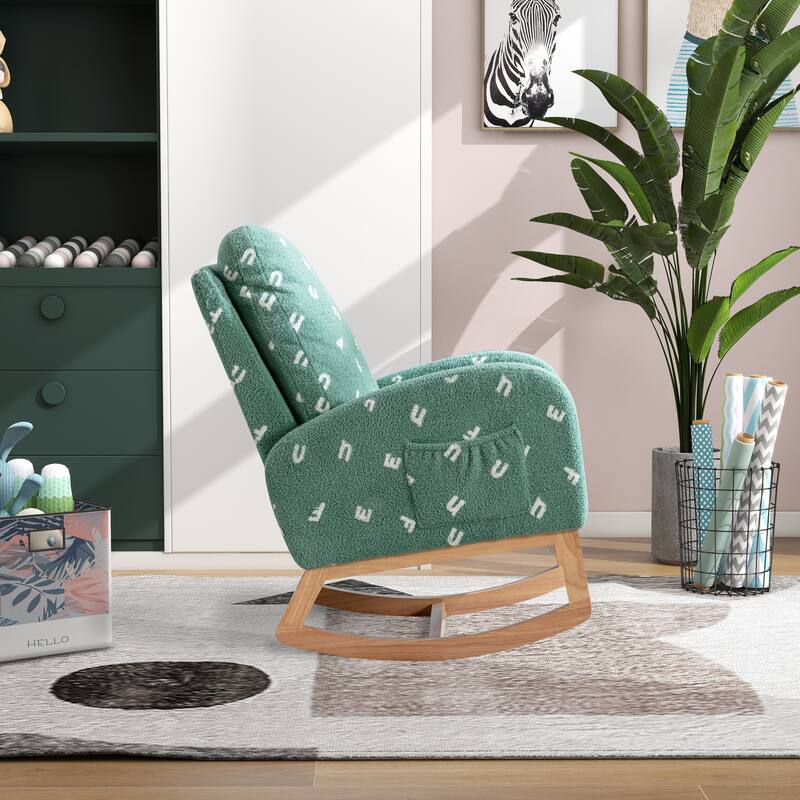 Rocking Chair with Side Pocket, Upholstered High Back Armchair with Solid Wood Legs, Leisure Chair with Padded Seat