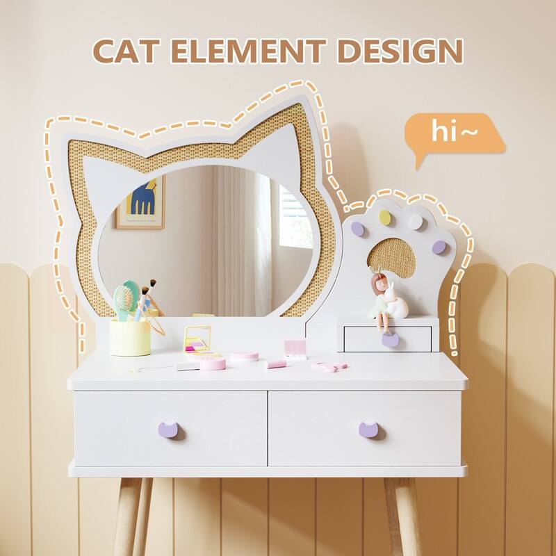 Kids Cat Mirror Vanity Makeup Dressing Table With 7 Pretend Play Accessories - N/A