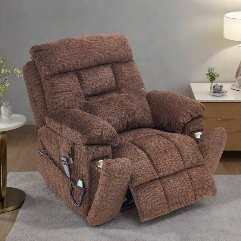 Velvet Oversized Power Lift Recliner Chair with Dual OKIN Motors, 180° Flat Lay, Massage, and 400 lbs Capacity - Coffee
