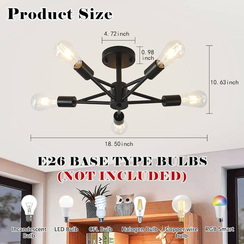 Modern Sputnik Semi Flush Mount Lighting for Kitchen Bedroom Living Room Laundry Hallway - Matte black