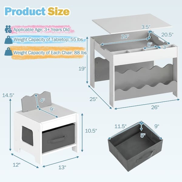 dimension image slide 2 of 3, Costway Wooden Kids Table and Chairs Set with Double-sided Tabletop,
