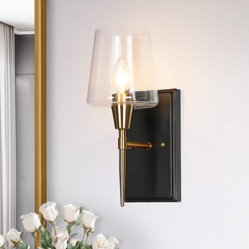 Kahlil Modern Black Gold 1-Light Seeded Glass Wall Sconces Bathroom Vanity Lights