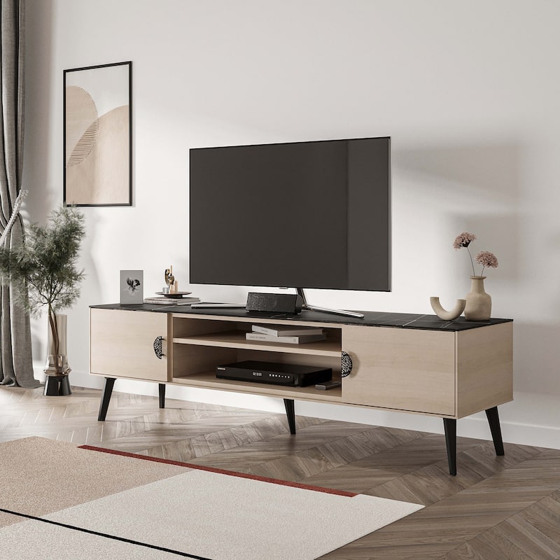 Manhattan Comfort Haley 70.9" Mid-Century Modern TV Stand - Black Marble