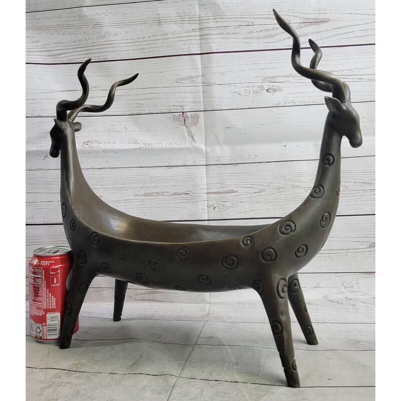 Two Gazelle Antelope Kudu Bronze Vessel Planter Bowl Candy Dish