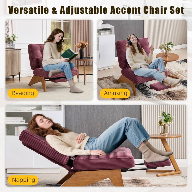 HOMEFUN Upholstered Modern Multi-Position Adjustable Wooden Base Lounge Chair with Footrest and Lumbar Pillow