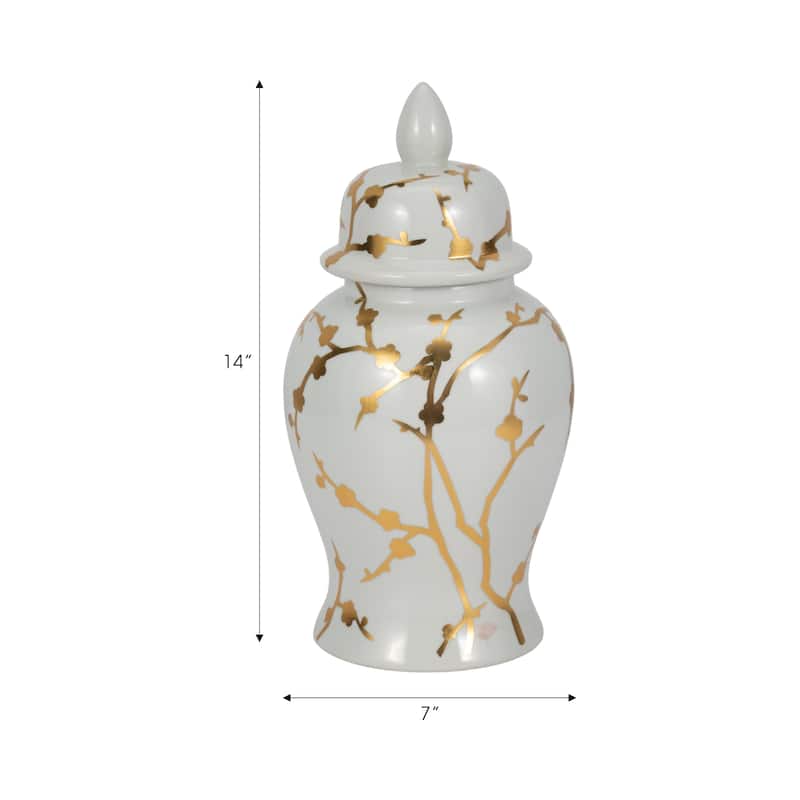 Sagebrook Home Elegance 14" White Ceramic Temple Jar with Gold Cherry Blossom - Chinoiserie Accent Piece