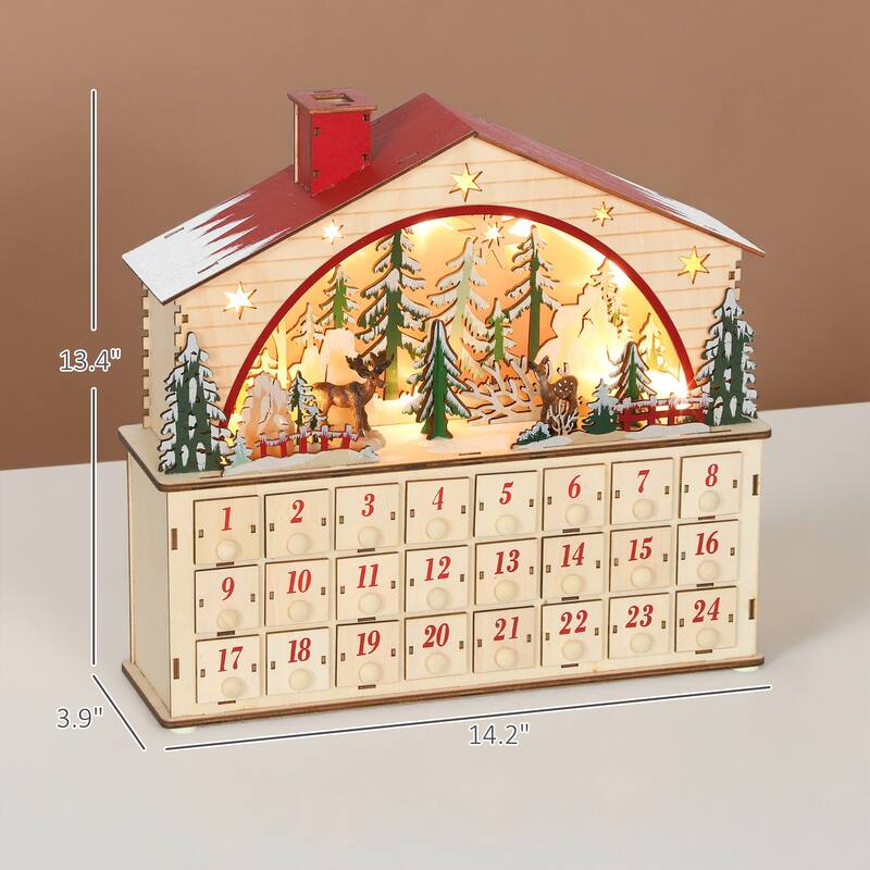 HOMCOM Christmas Advent Calendar with 24 Drawers, Reusable Lighted Wooden Countdown to Christmas Calendar with Village Scene