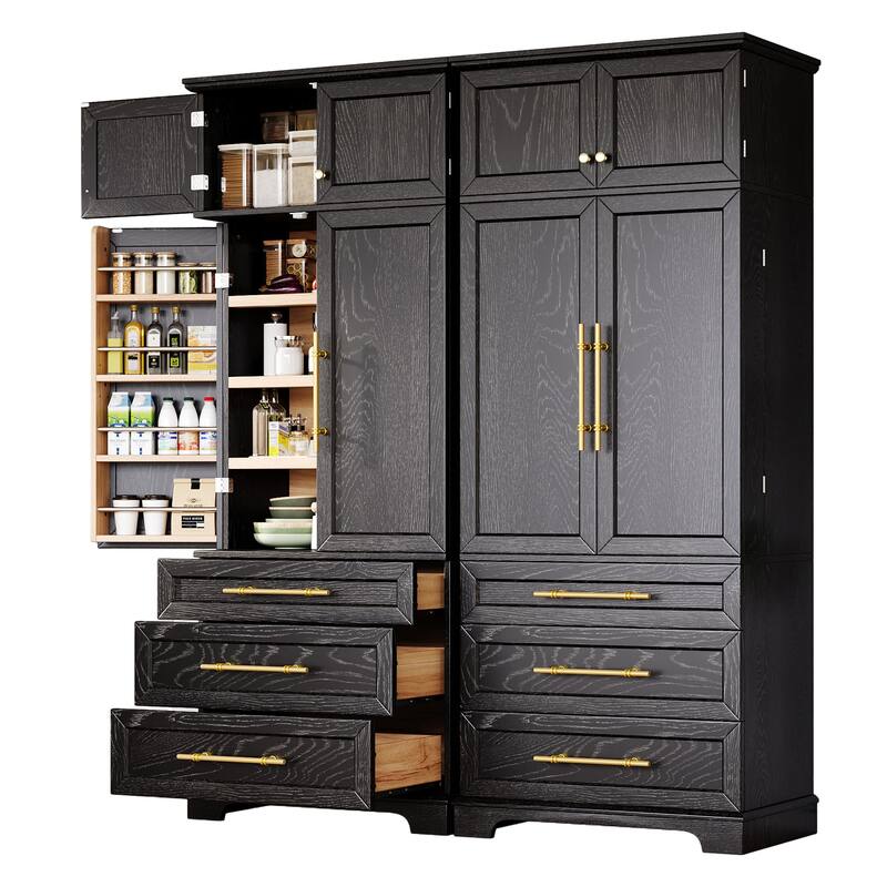 Freestanding Pantry Cabinet, Tall Storage Cupboard with 8 Door Shelves, 3 Adjustable Shelves, 3 Large Drawers, Kitchen Hutch