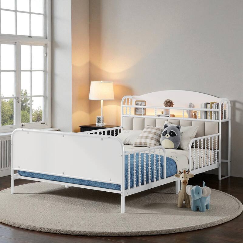 Twin/Full Size Metal Platform Bed with LED Lights and Upholstered Headboard, Kids Bed Frame with Storage Shelf - White - Full