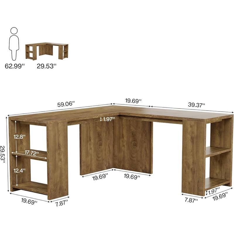 59" L Shaped Executive Desk with Storage Shelves for Home Office, Brown