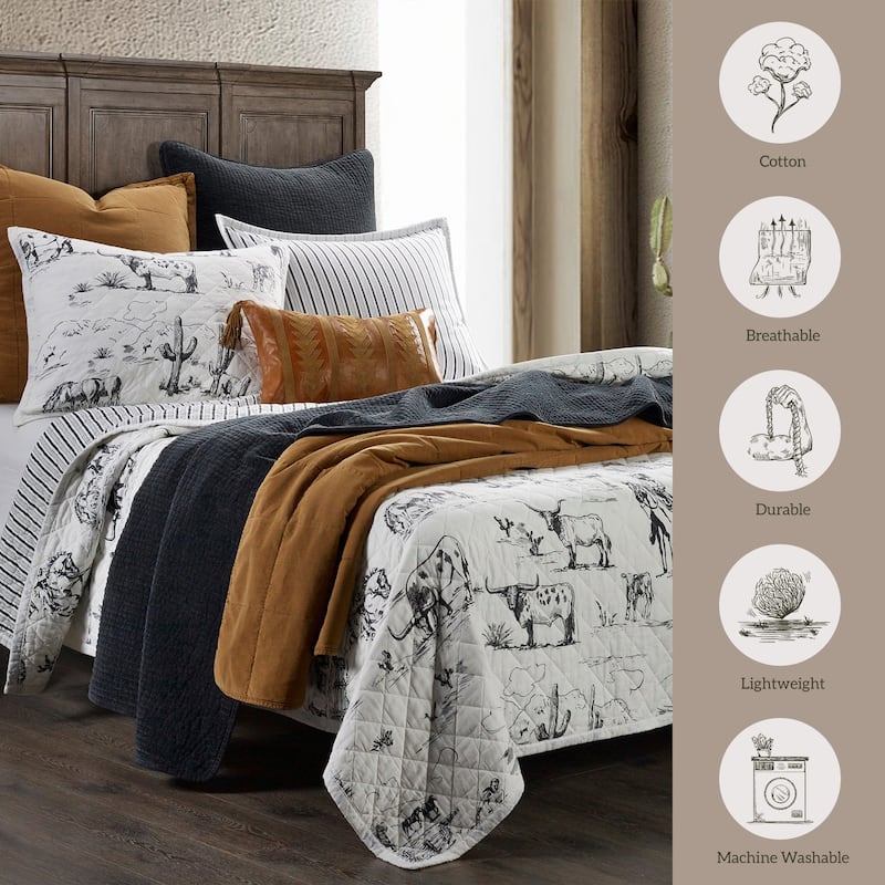 Paseo Road Ranch Life Western Cowboy White/Black 100% Cotton Rustic Toile Western Bedding 3 Piece Reversible Quilt Set