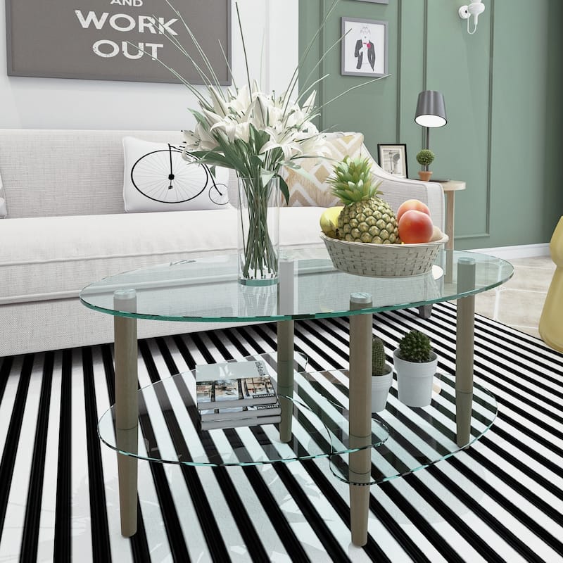 Oval glass coffee table, modern table in living room Oak wood leg tea table glass table - Glass - Brown