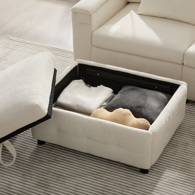 Roomfitters 117"x90" Modular Sectional Sofa Bed with Pull-Out Design, Flip-Up Table, Charging Ports, Storage Ottoman