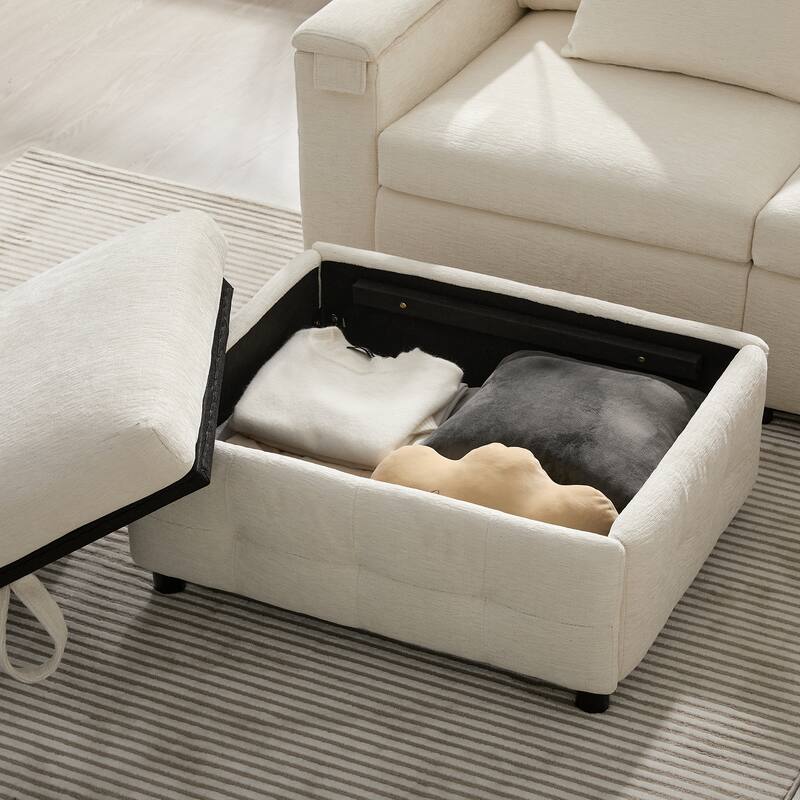 Tufted Chenille Sectional Sofa with Pull-out Bed, Flip-up Table Panel, Reading Lamp, Charging Ports, Storage Ottoman, 6 Pillows