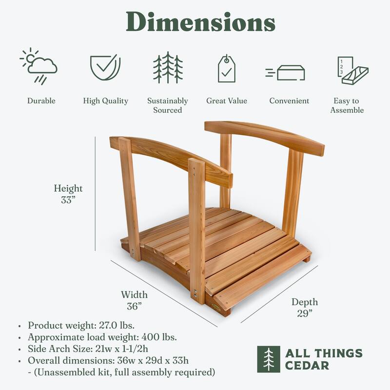 All Things Cedar Wooden Bridge, Garden Walkway with Side Rails, 3 Ft, Natural - 27
