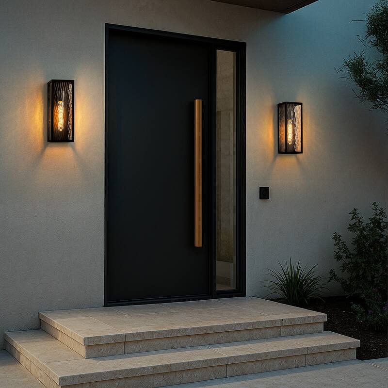 H13" 1-Light Modern Black Outdoor Wall Sconce with Water Ripple Glass and Dusk to Dawn Sensor Open Bottom for Garage(2 Pack)