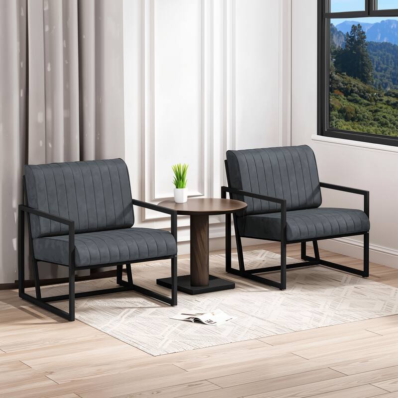 PU Leather Armchair with Metal Frame, Extra-Thick Padded Backrest and Seat Cushion, Grey 1pc/2pcs - 2pcs