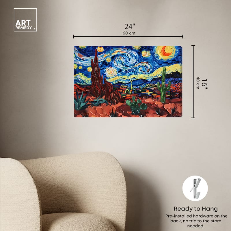 Art Remedy Desert Night Stars Gallery Wrapped Impressionism 1 Piece Canvas Wall Art /Monet And Van Gogh Inspired Art