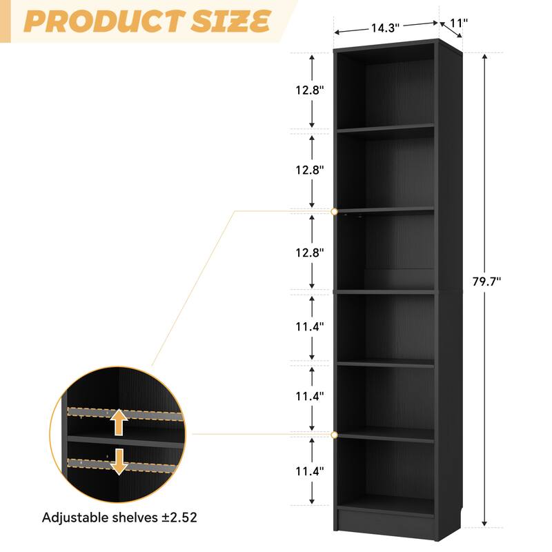 80"H Tall 6-Tier Bookcase With 2 Adjustable Shelves，Modern Open Storage Shelf for Home Office and Bedroom