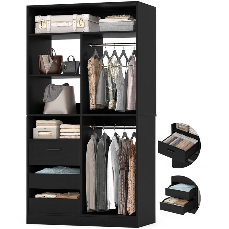 36" Freestanding Closet System With 3 Drawers and 2 Hanging Rods,Multi-Purpose Wardrobe Closet Rack