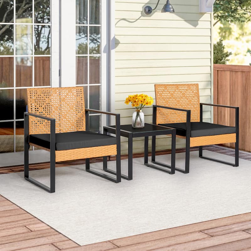 3 Pieces Patio Set Outdoor Wicker Furniture Sets, Modern Rattan Chair Conversation Sets with Glass Coffee Table - Black