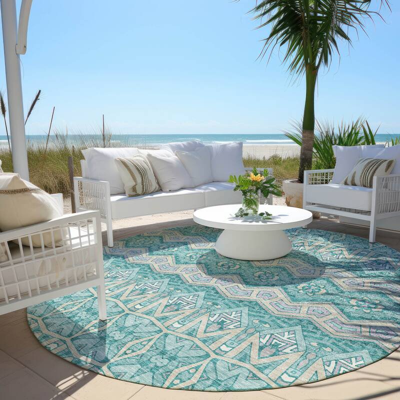 Machine Washable Indoor/ Outdoor Chantille Mosaic Global Rug - Teal - 8' x 8'