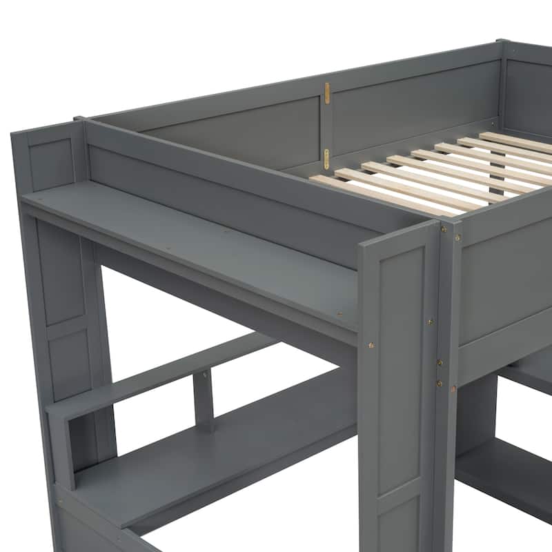 Dark Gray Wood Twin/Full Gamer's Loft Bed with LED Desk, Power Charging Station & Multi-Tier Shelving