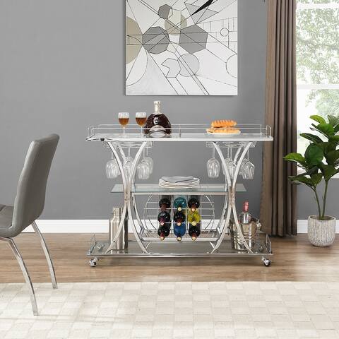 Modern Chrome Bar Cart with Wine Rack Silver Glass Metal Frame