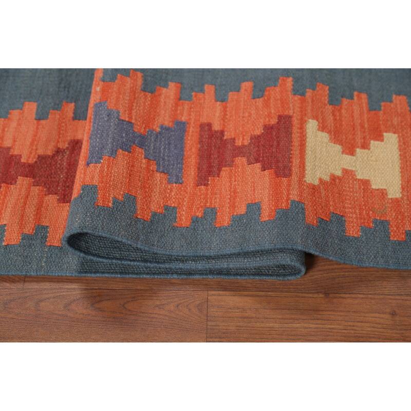 Geometric Blue Flat Weave Kilim Persian Rug Hand-Knotted Wool Carpet - 4'2"x 5'8"