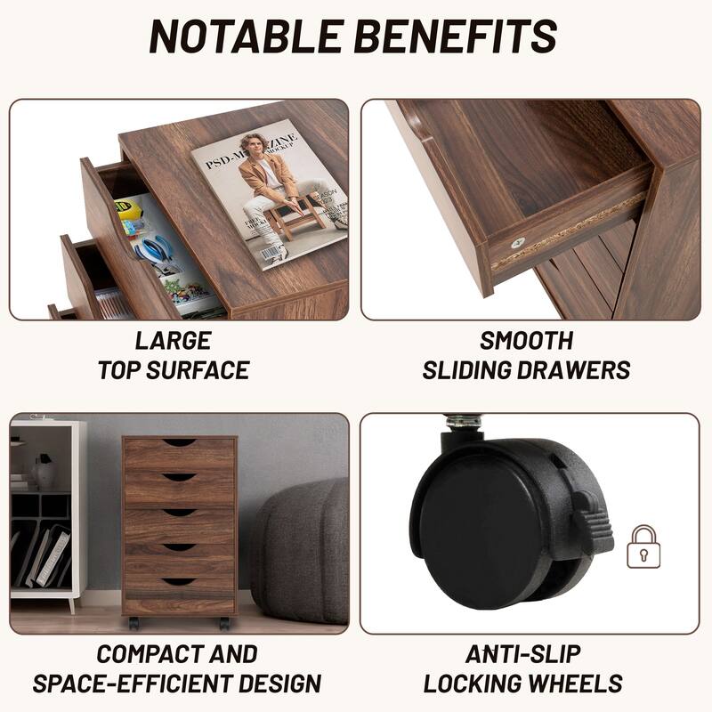 Portable 5-Drawer Wooden Cabinet with 360° Wheels, Smooth Pullout & Extra Top Storage
