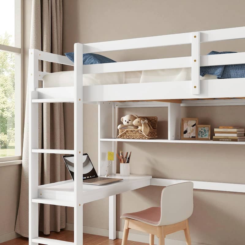 Twin Size Loft Bed with Desk and Shelves, Solid Pine Wood Frame with Guardrails and Built-in Ladder
