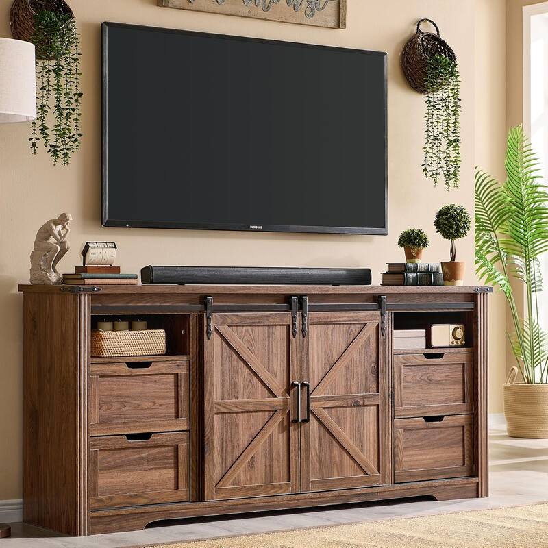 32" Tall Farmhouse TV Stand for 80" TV, Wood Entertainment Center - Brown