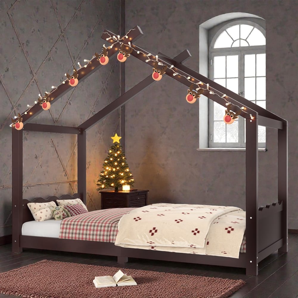 Kids Solid Wood House Floor Bed with Support Slats, Montessori Low Profile Bed, No Box Spring Needed