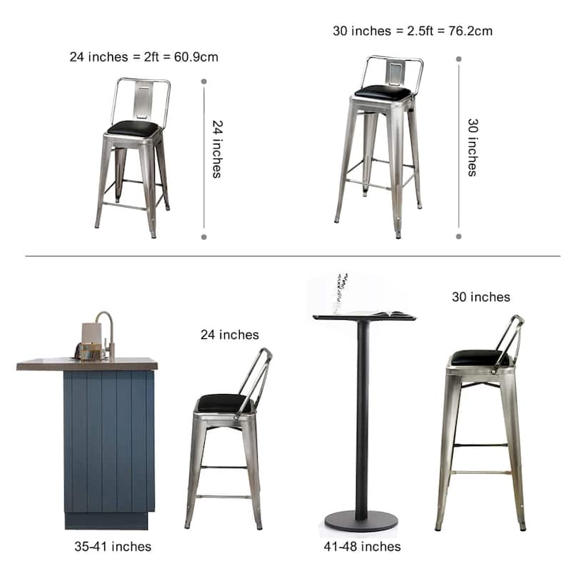 24" High Back Metal Stool with Leather Cushion-Set of 2