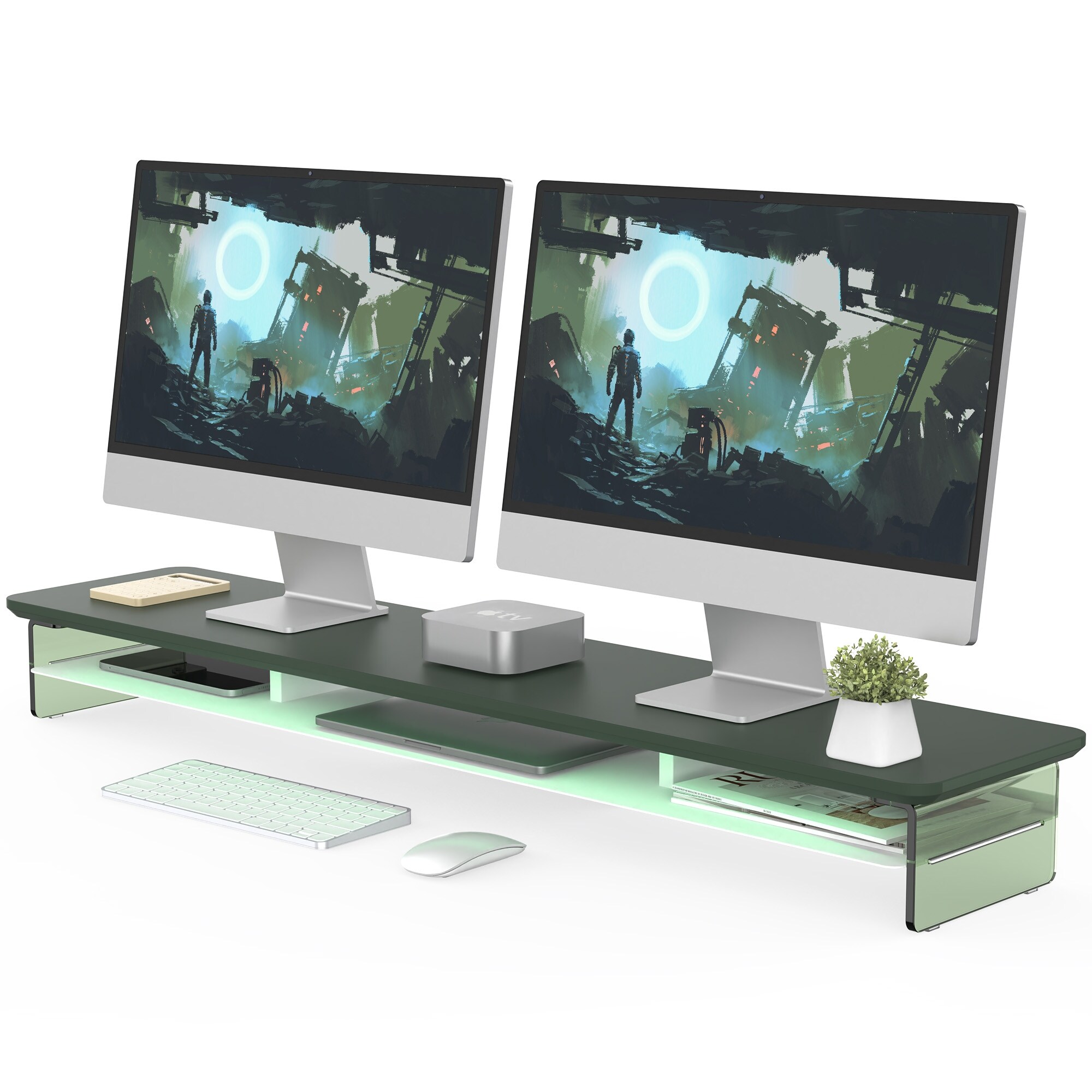 Fenge Acrylic Monitor Stand Riser, 42.5 Inches Dual Monitor Stand with 12 Color LED Light