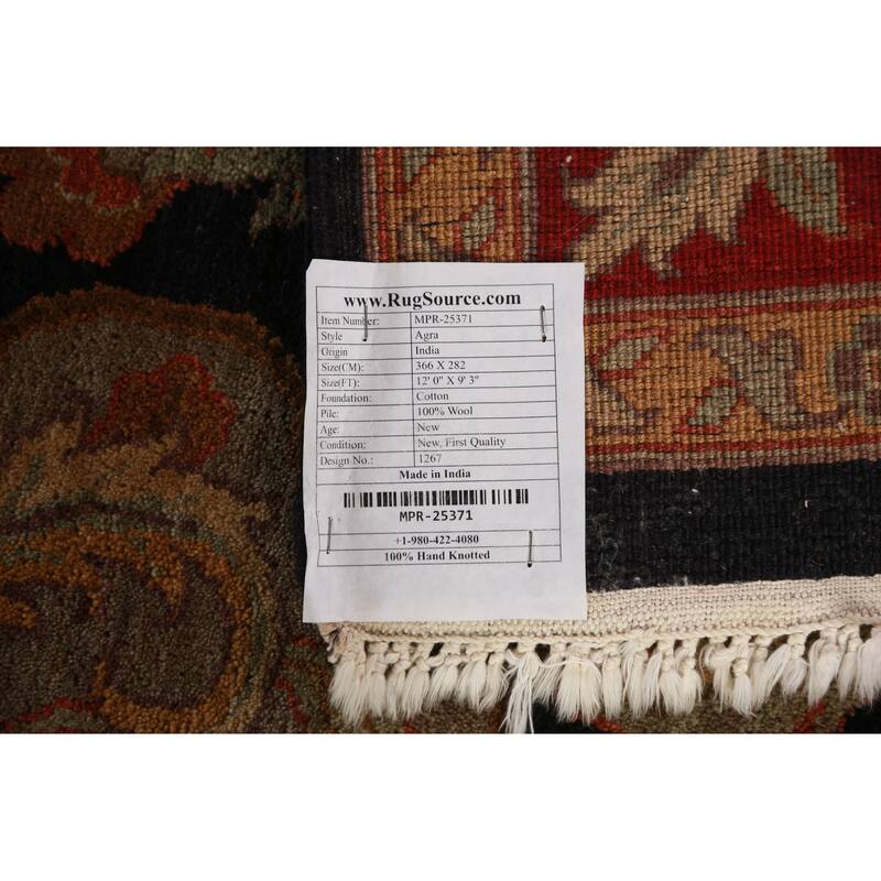 Black Floral Agra Indian Area Rug Handmade Wool Carpet - 9'3"x 12'0"