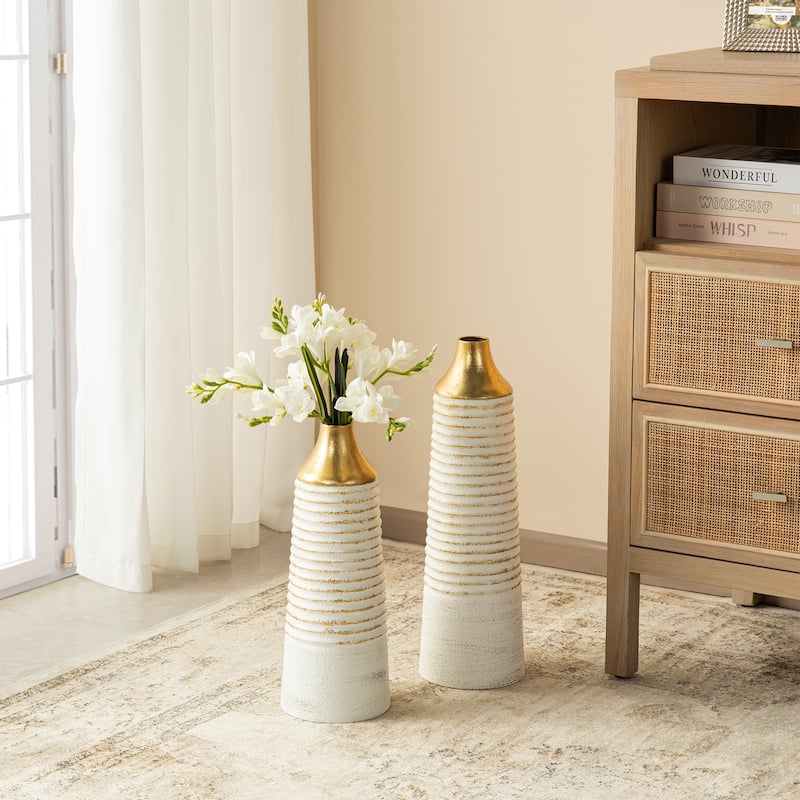 Glitzhome Set of 2 Modern White and Gold Metal Floor Vases
