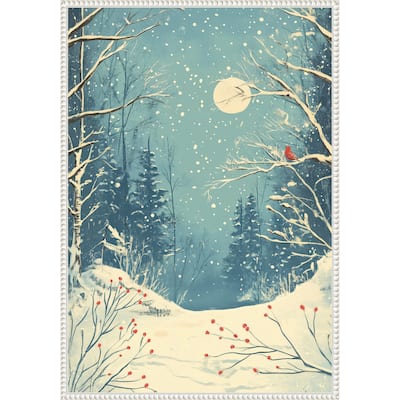 Red Bird in Snowy Forest by Pictufy Studio Framed Canvas Wall Art Print - Sylvie Beaded White