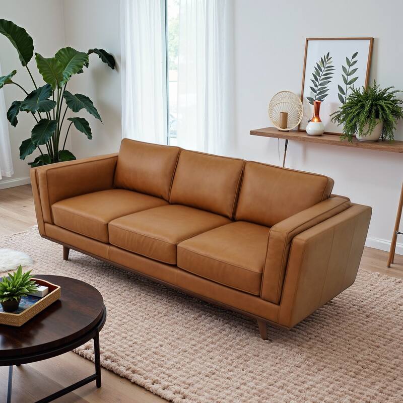 GDFStudio - Chase Mid Century Modern Genuine Leather Upholstered 3-Seat Sofa, Simple Assembly - 90.4"W