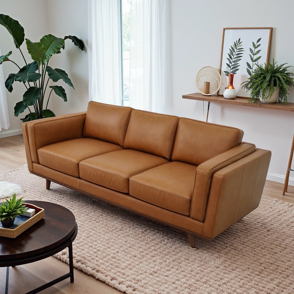 GDF Studio - Chase Mid Century Modern Genuine Leather Upholstered 3-Seat Sofa - 90.4"W